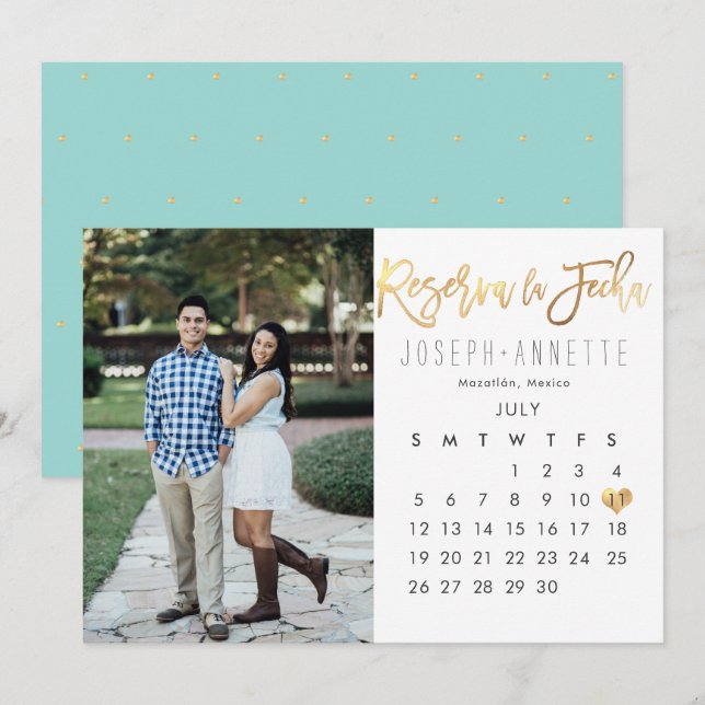 Spanish Photo Save the Date Calendar faux gold Invitation (Front/Back)