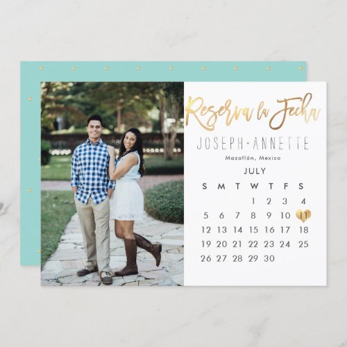 Spanish Photo Save the Date Calendar faux gold Invitation