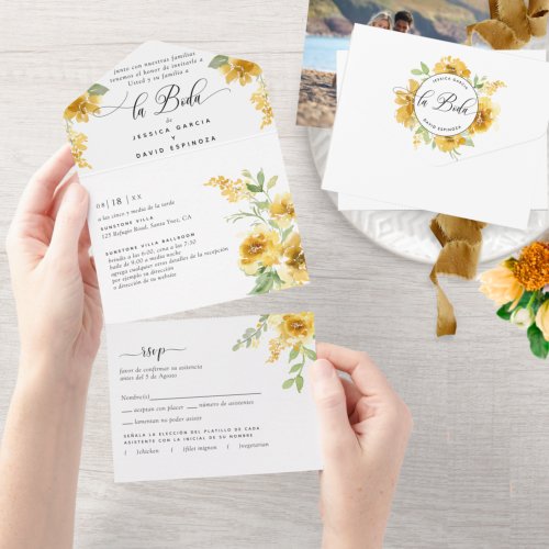 Spanish Photo Yellow Floral Wedding Tear Off RSVP All In One Invitation