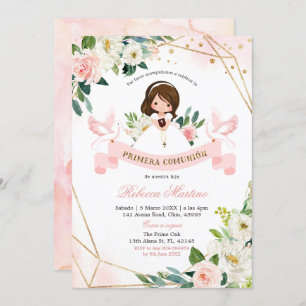 Spanish Pink and Gold Floral Girl Primera comunion Invitation