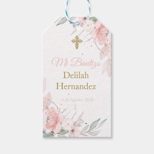 Spanish pink blush floral baptism gift tags