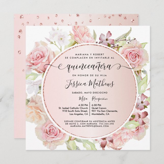 Spanish, Pink, Blush, Rose Gold Floral Quinceanera Invitation (Front/Back)