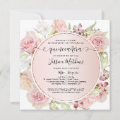 Spanish, Pink, Blush, Rose Gold Floral Quinceanera Invitation (Front)