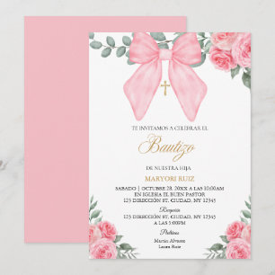 Spanish Pink bow florals girl Baptism Invitation