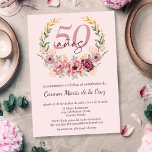 Spanish Pink Elegant Floral 50th Birthday Party Invitation<br><div class="desc">Celebrate her 50th birthday with elegance using this sophisticated pink, burgundy and gold invitation in Spanish. The design showcases a refined blush pink background, highlighted by a circular floral frame adorned with delicate pink, mauve and burgundy flowers, golden accents, and greenery. In the center, "50 años" is beautifully displayed in...</div>