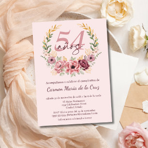 Spanish Pink Elegant Floral 54th Birthday Party Invitation