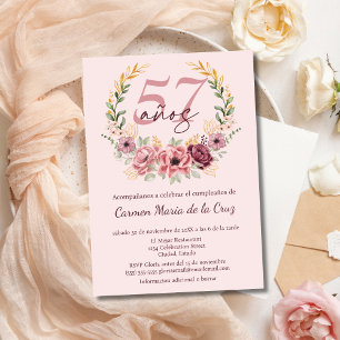 Spanish Pink Elegant Floral 57th Birthday Party Invitation