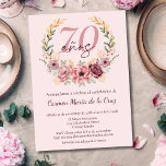 Spanish Pink Elegant Floral 70th Birthday Party Invitation<br><div class="desc">Celebrate her 70th birthday with timeless elegance using this stunning Spanish invitation in shades of pink, burgundy, and gold. The design features a soft blush pink background, enhanced by a circular floral frame adorned with delicate pink, mauve, and burgundy flowers, golden accents, and lush greenery. At the center, "70 años"...</div>
