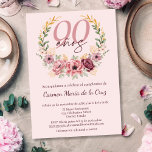 Spanish Pink Elegant Floral 90th Birthday Party Invitation<br><div class="desc">Celebrate her 90th birthday with timeless elegance using this sophisticated Spanish invitation, designed in a stunning palette of pink, burgundy, and gold. The invitation features a soft blush pink background, beautifully adorned with a circular floral frame of delicate pink, mauve, and burgundy blooms, enhanced with golden accents and lush greenery....</div>
