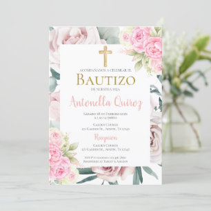 Spanish Pink Floral Baptism Girl Invitation