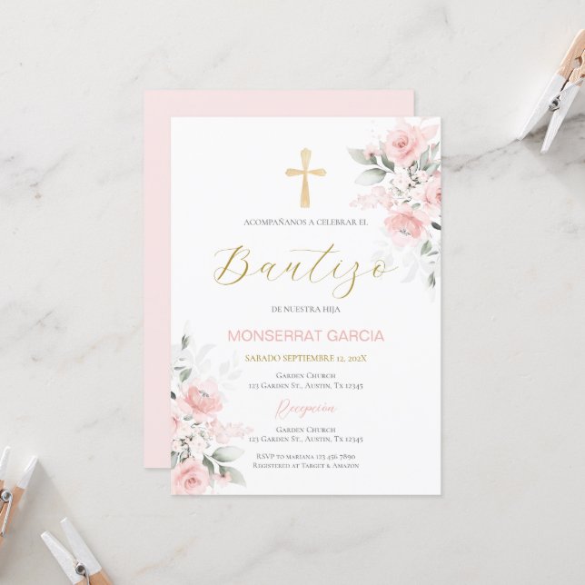 Spanish Pink Floral Baptism Girl Invitation