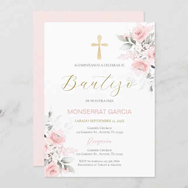 Spanish Pink Floral Baptism Girl Invitation