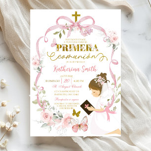 Spanish Pink Floral Bow Coquette Primera Comunion Invitation