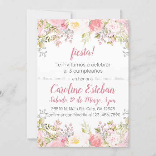 Spanish pink floral flowers roses birthday invite invitation