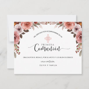Spanish Pink Floral Girl First Communion Thank You Card