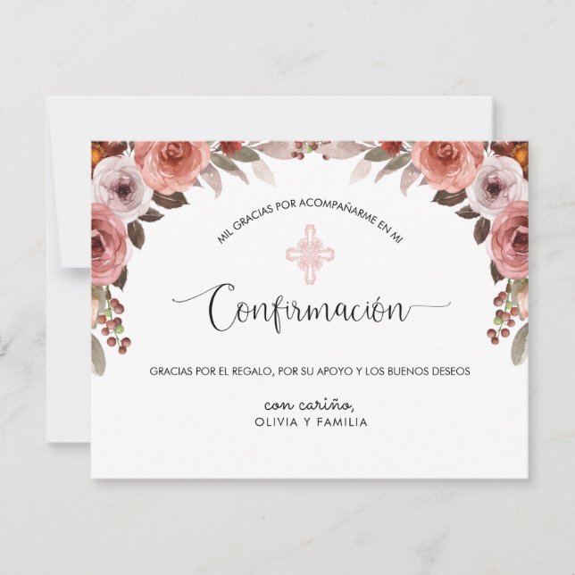 Spanish Pink Floral Girl's Confirmation Thank You Card (Front)