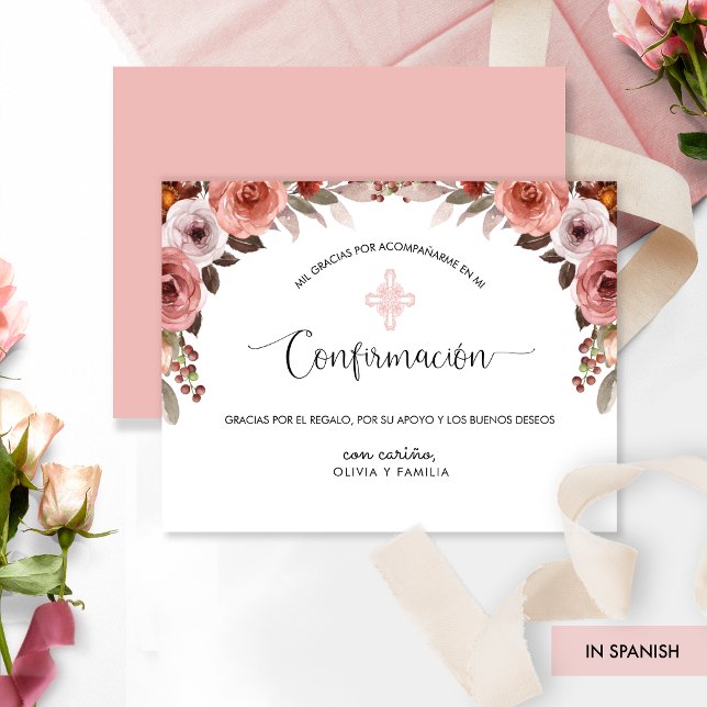 Spanish Pink Floral Girl's Confirmation Thank You Card (Creator Uploaded)