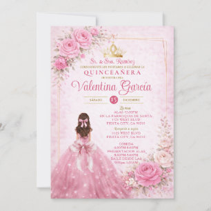 Spanish Pink Floral Quinceañera Blush Princess  Invitation