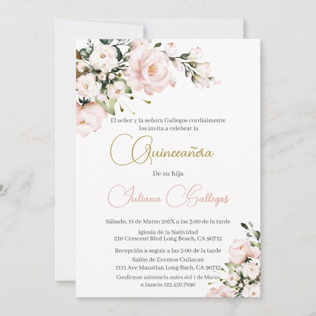Spanish Pink Floral Quinceanera invitation (Front)