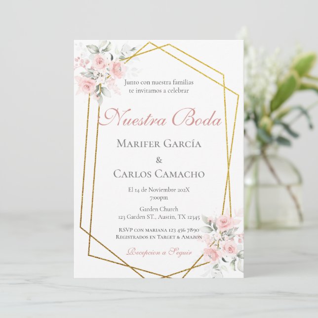 Spanish Pink Floral Wedding invitation Spanish wed (Standing Front)