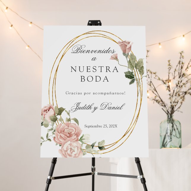 Spanish Pink Floral Wedding Welcome sign (In Situ (Stand))