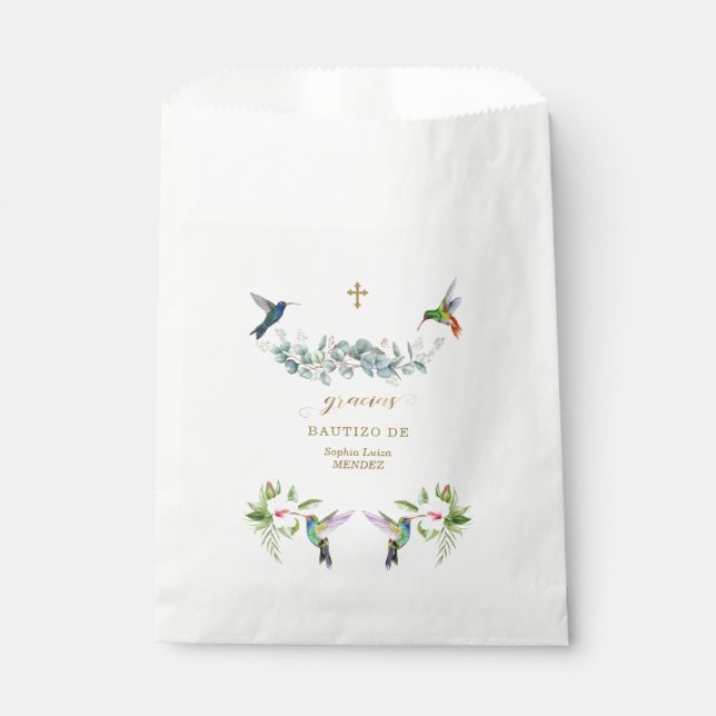 Spanish Pink Hibiscus Flowers Eucalyptus Bautizo Favor Bag (Front)