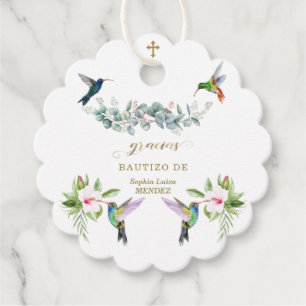 Spanish Pink Hibiscus Flowers Eucalyptus Bautizo Favor Tags