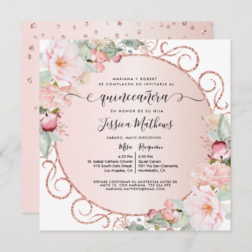 Spanish Pink Rose Gold Blush Floral Quinceanera Invitation