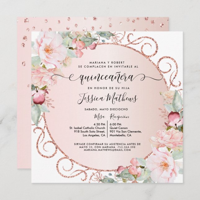 Spanish, Pink, Rose Gold, Blush Floral Quinceanera Invitation (Front/Back)