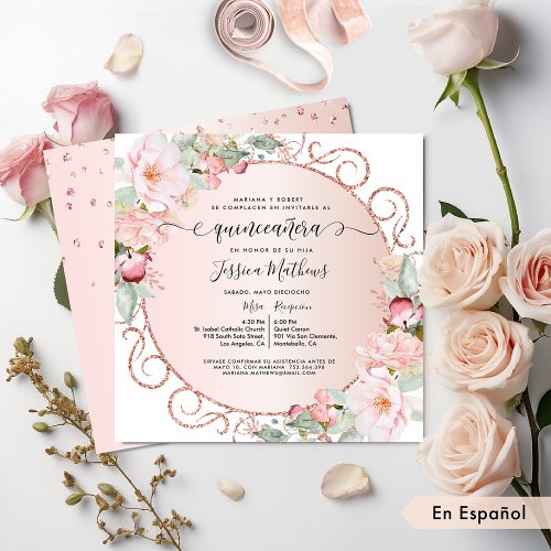Spanish Pink Rose Gold Blush Floral Quinceanera Invitation