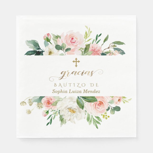 Spanish Pink White Ivory Flowers Gold Girl Bautizo Napkins (Front)