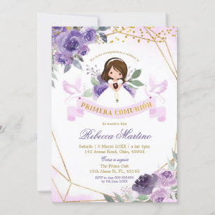 Spanish Purple and Gold Floral Primera Comunion Invitation