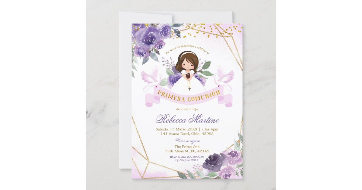 Spanish Purple and Gold Floral Primera Comunion Invitation Zazzle