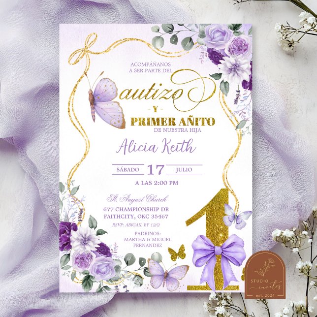 SPANISH Purple Butterfly Bautizo Y Primer Anito Invitation (Creator Uploaded)