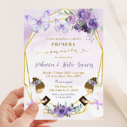 Spanish Purple Butterfly Twins Primera Comunion Invitation