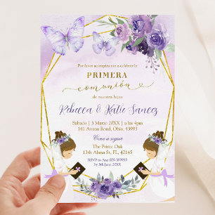 Spanish Purple Butterfly Twins Primera Comunion Invitation