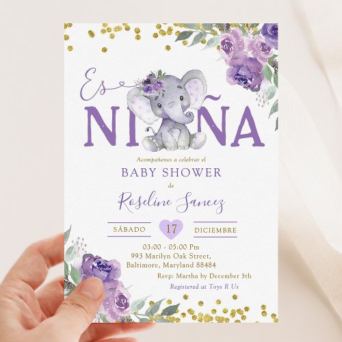 Spanish Purple Elephant Es Niña Baby Shower Invitation