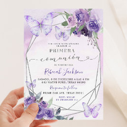Spanish Purple Floral Primera Comuni&#243;n Butterfly Invitation