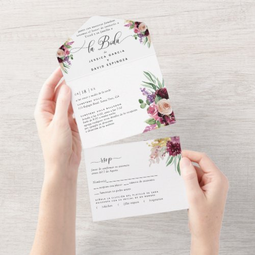 Spanish Purple Mauve Floral Wedding Tear Off RSVP All In One Invitation