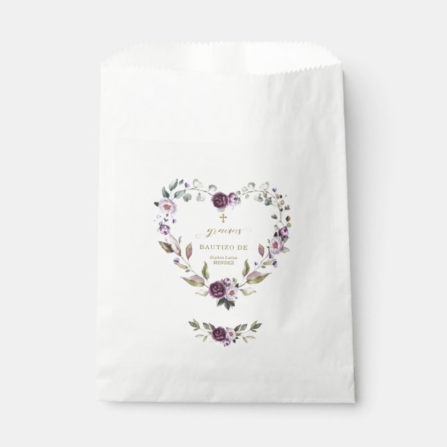 Spanish Purple Pink Flowers Gold Girl Bautizo Favor Bag (Front)