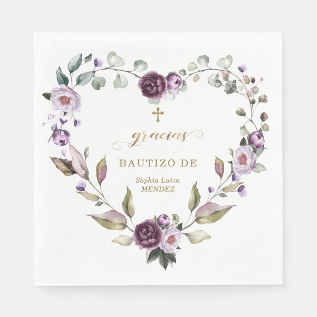 Spanish Purple Pink Flowers Gold Girl Bautizo Napkins (Front)