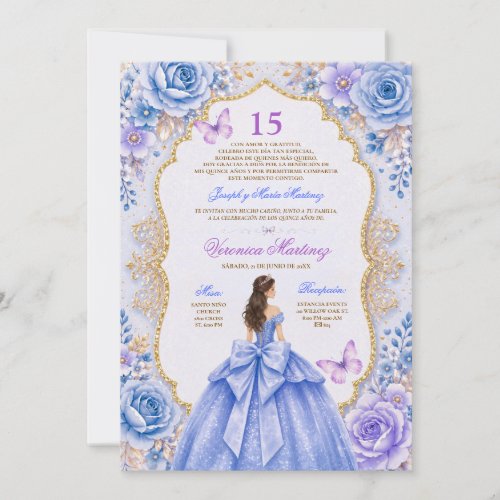 Spanish Quinceañera Blue Dress 15 Años Princess Invitation