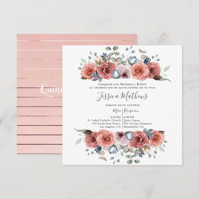 Spanish Quinceanera, Blush and Dusty Blue Floral Invitation (Front/Back)