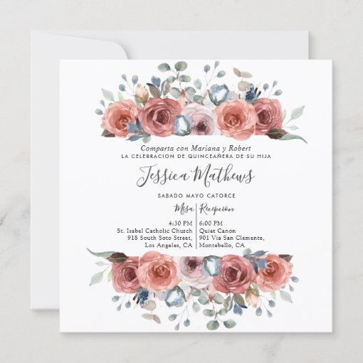 Spanish Quinceanera, Blush and Dusty Blue Floral Invitation | Zazzle