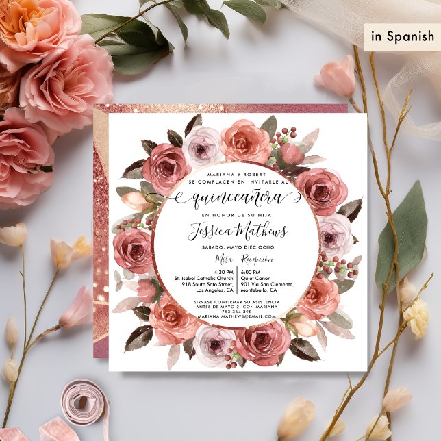 Spanish,Quinceanera Blush Floral Rose Gold Floral Invitation