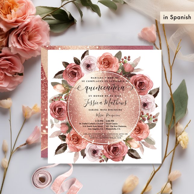 Spanish,Quinceanera Blush Floral Rose Gold Glitter Invitation