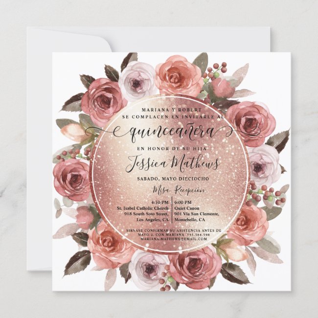 Spanish,Quinceanera Blush Floral Rose Gold Glitter Invitation
