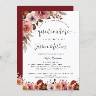 Spanish Quinceañera, Burgundy Blush Floral Marsala Invitation