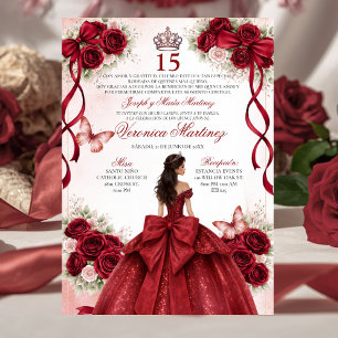 Spanish Quinceañera Burgundy Red 15 Años Princess Invitation
