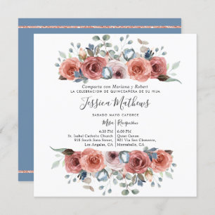 Spanish Quinceanera,  Dusty Blue and Pink Floral Invitation